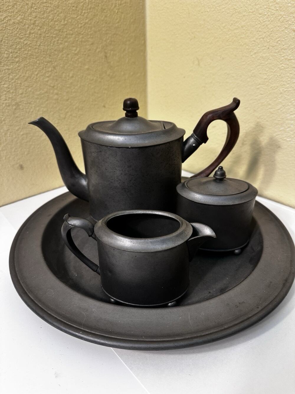 Vintage Stieff Pewter 6 Piece Tea Set Victorian Reproduction Design w/ Tray